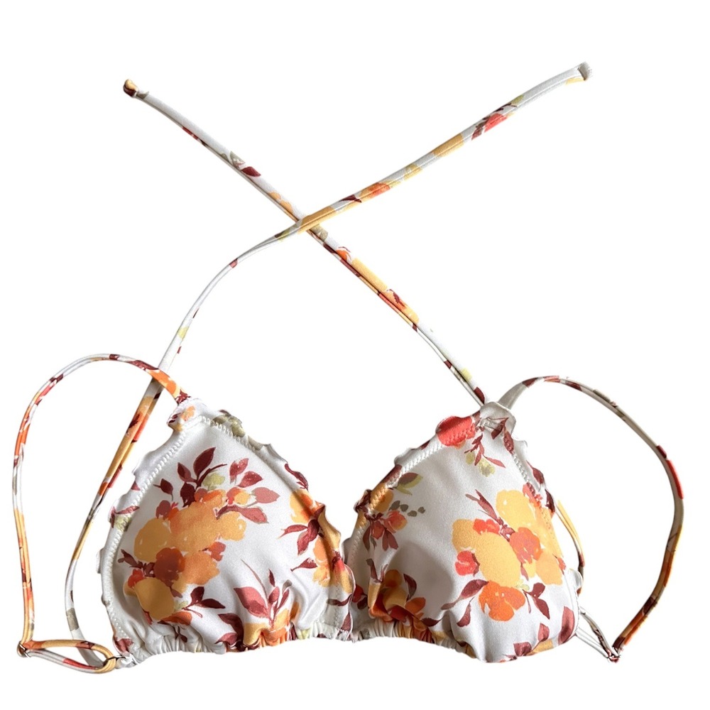 Abercrombie & Fitch Floral Ruffle Triangle Bikini Top Orange Yellow White L